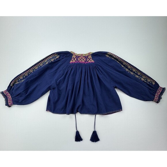 Free People Cherry Bomb Embroidered Peasant Blouse Navy Blue Pink Boho Top S - Picture 6 of 10